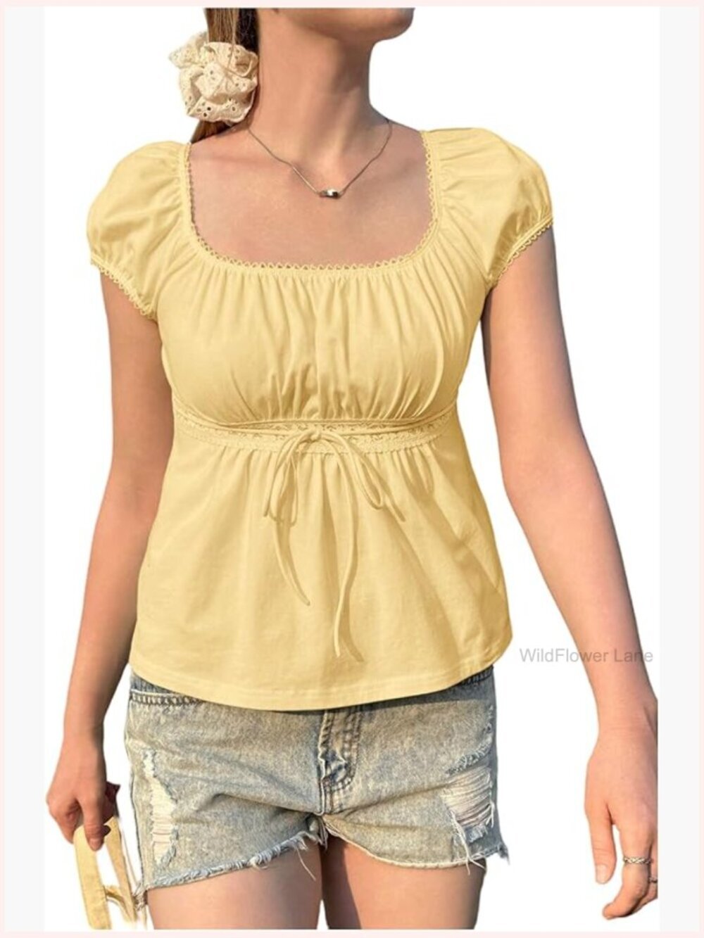Babydoll Top Square Neck Cap Sleeve Empire Waist Peplum T-Shirt